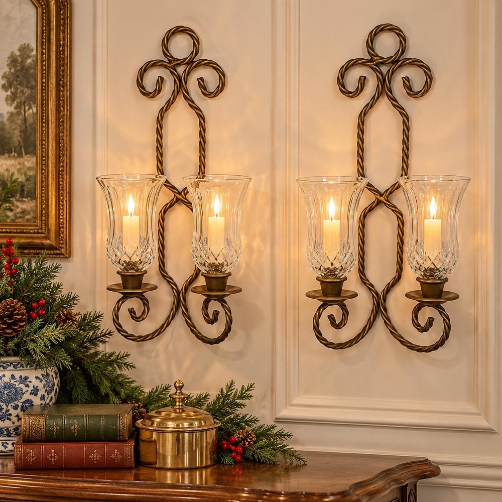 Vintage Brass Tone Wall Candle Sconces Pair Double Arm Glass Hurricane Shades
